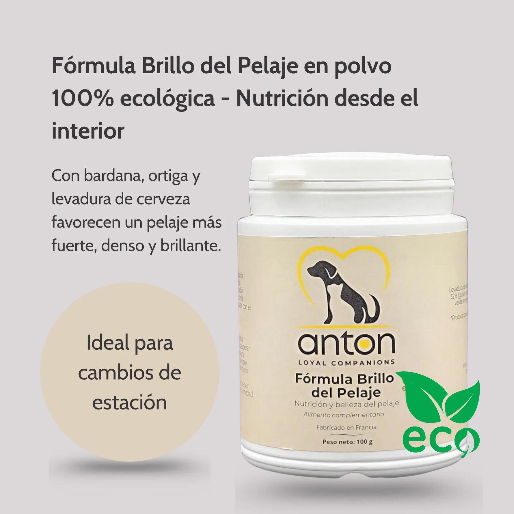Fórmula ANTON Brillo del Pelaje ECO en polvo con bardana, ortiga y levadura de cerveza, ideal para cambios de estación