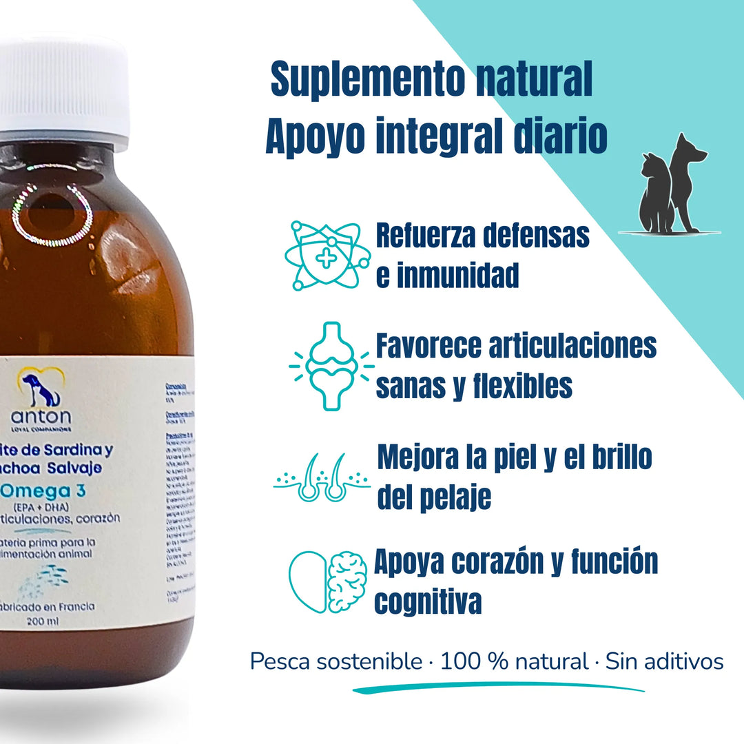 Suplemento natural para perros y gatos – aceite de sardina y anchoa salvaje Omega 3, apoyo integral diario para defensas, articulaciones, piel y corazón