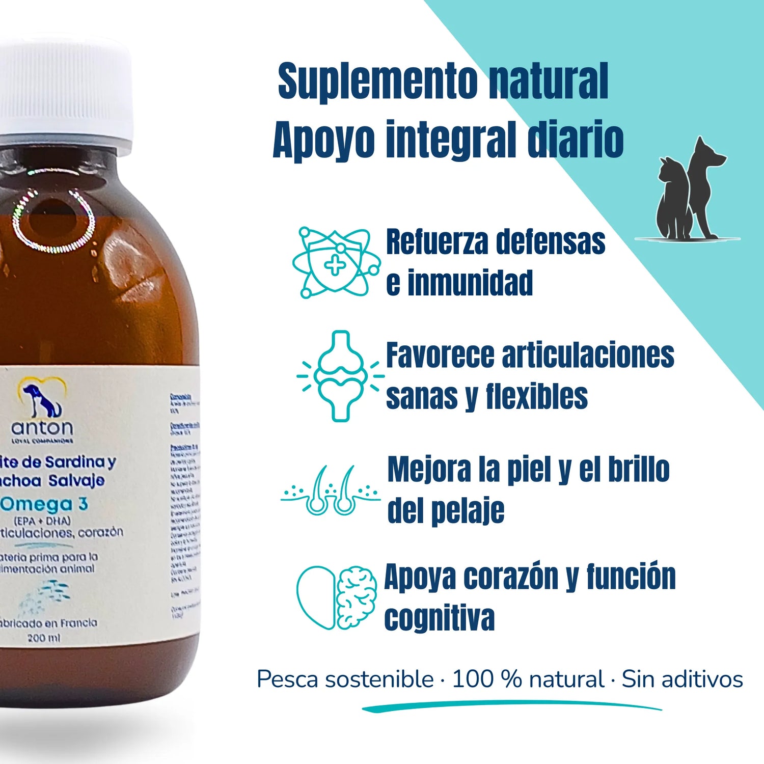 Suplemento natural para perros y gatos – aceite de sardina y anchoa salvaje Omega 3, apoyo integral diario para defensas, articulaciones, piel y corazón