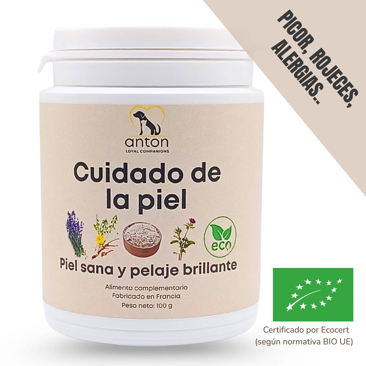 Suplemento natural para perros y gatos que alivia irritaciones y rojeces, favorece una piel saludable y resistente y apoya el bienestar cutáneo diario.