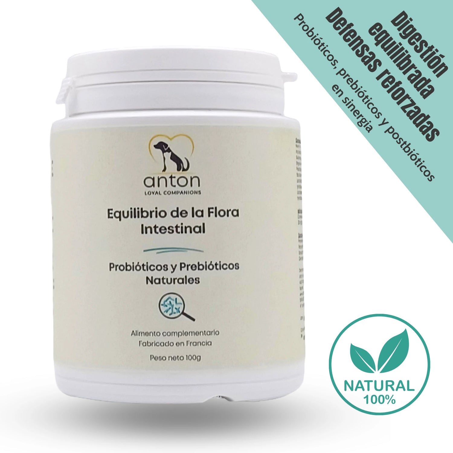 Envase suplemento natural equilibrio flora intestinal con probióticos, prebióticos y postbióticos