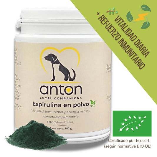 Microalga rica en nutrientes, ideal para reforzar las defensas, aumentar la energía y cuidar el pelaje de perros y gatos. Fuente natural de proteínas, vitaminas, minerales y antioxidantes. Suplemento ecológico de alta calidad.