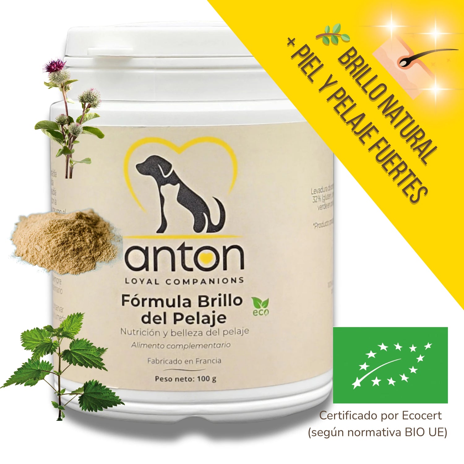 Envase del producto ANTON Fórmula Brillo del Pelaje para perros y gatos – complemento ecológico para un pelaje sano y brillante.