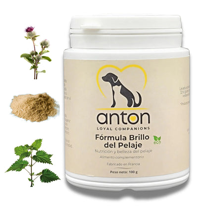 Envase del producto ANTON Fórmula Brillo del Pelaje para perros y gatos – complemento ecológico para un pelaje sano y brillante.