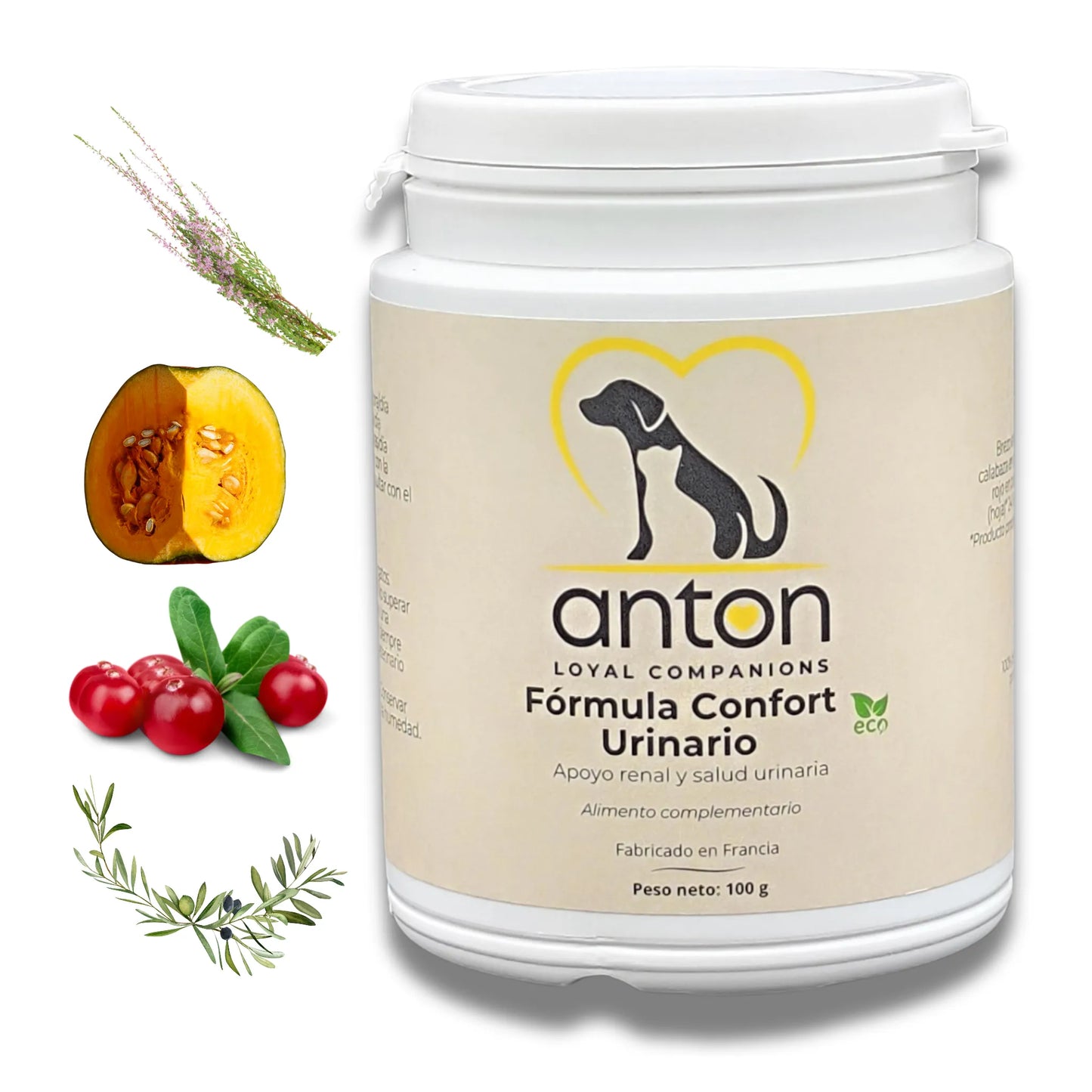 Bote de la Fórmula Confort Urinario en polvo ANTON Loyal Companions con ingredientes naturales como brezo, calabaza y arándano