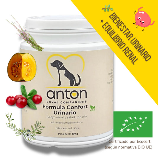 Bote de la Fórmula Confort Urinario en polvo ANTON Loyal Companions con ingredientes naturales como brezo, calabaza y arándano