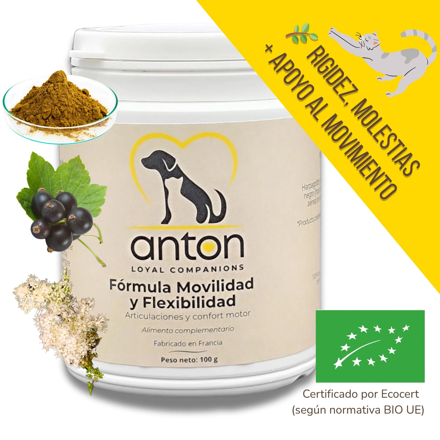 Suplemento natural para perros y gatos que apoya la movilidad articular y el confort motor. Envase ANTON Loyal Companions.