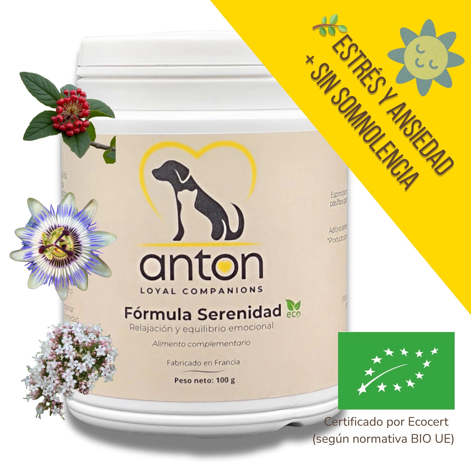 Bote de Fórmula Serenidad en polvo ANTON Loyal Companions con espino, pasiflora y valeriana – suplemento ecológico para la relajación de perros y gatos