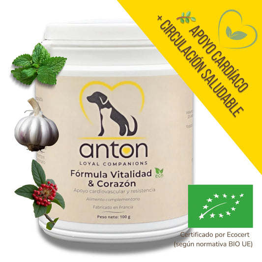 Bote de suplemento alimenticio ecológico para perros y gatos ANTON Loyal Companions, con melisa, ajo y espino para el apoyo cardiovascular.