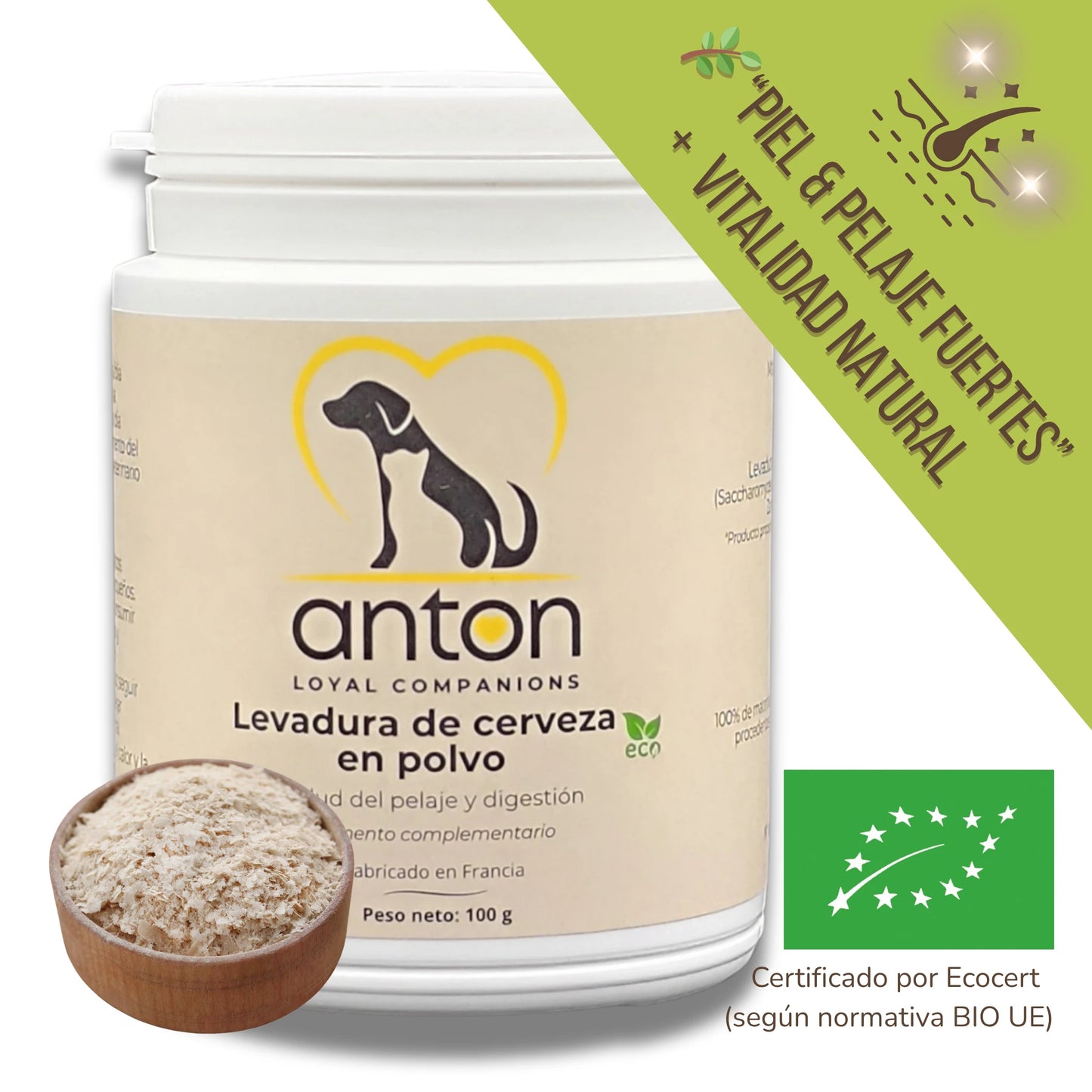 Suplemento ecológico en polvo para perros y gatos, ideal para reforzar la piel, embellecer el pelaje y favorecer una digestión equilibrada. Producto 100 % natural, certificado BIO, fabricado en Francia. Aporta vitaminas del grupo B, minerales y probióticos esenciales para el bienestar diario.
