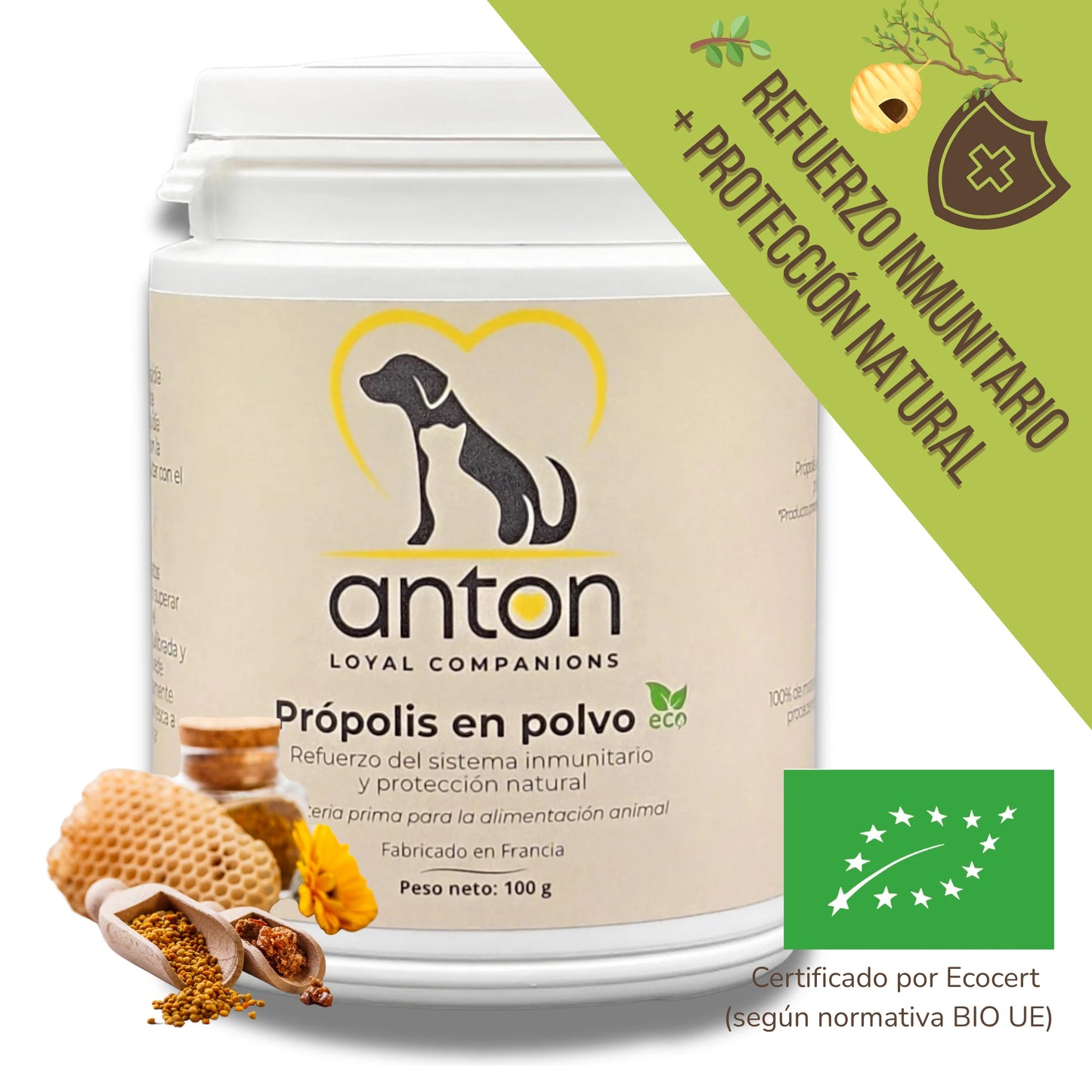 Suplemento natural en polvo, elaborado con própolis ecológico, ideal para reforzar el sistema inmunológico de perros y gatos. Ayuda a proteger frente a infecciones, agresiones externas y cambios de estación. Producto certificado BIO