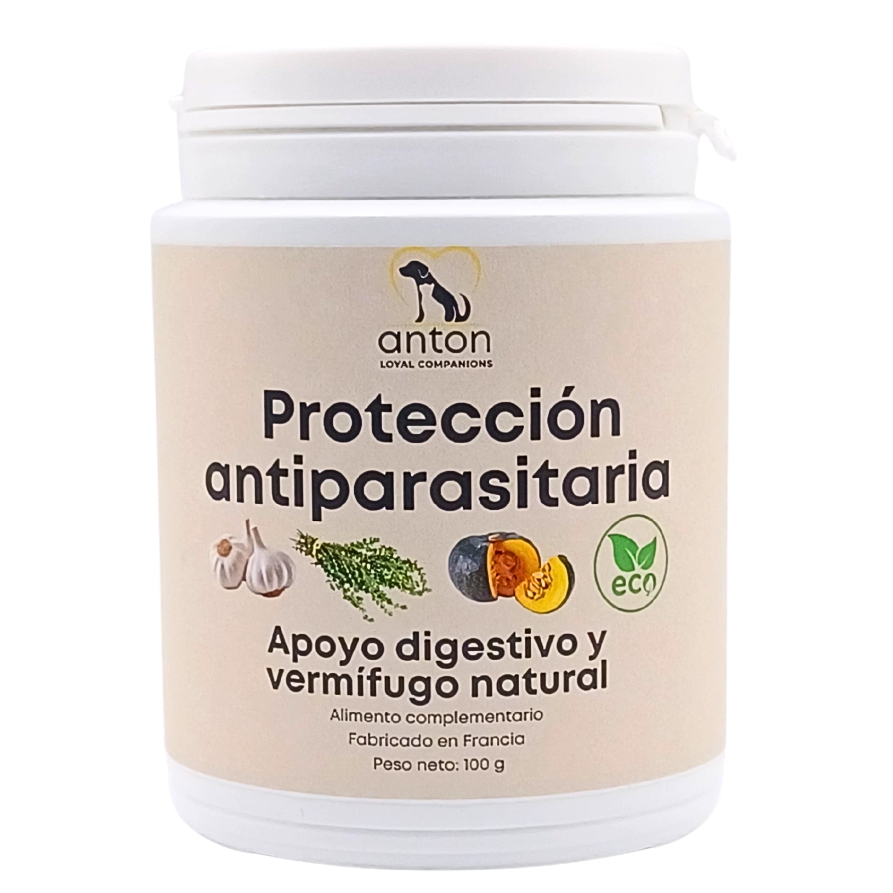 Suplemento natural para perros y gatos con acción antiparasitaria ecológica. Ayuda a proteger de forma natural contra parásitos internos sin químicos agresivos.