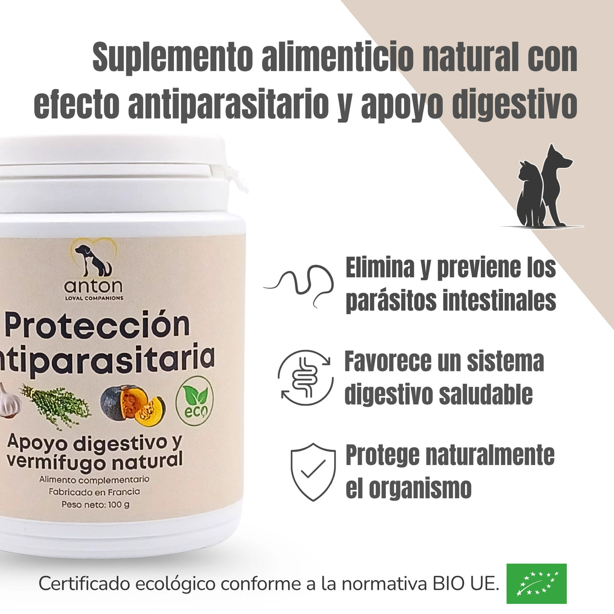Suplemento natural para perros y gatos con efecto antiparasitario y apoyo digestivo. Ayuda a eliminar y prevenir parásitos intestinales, favorece un sistema digestivo saludable y protege el organismo de forma ecológica.