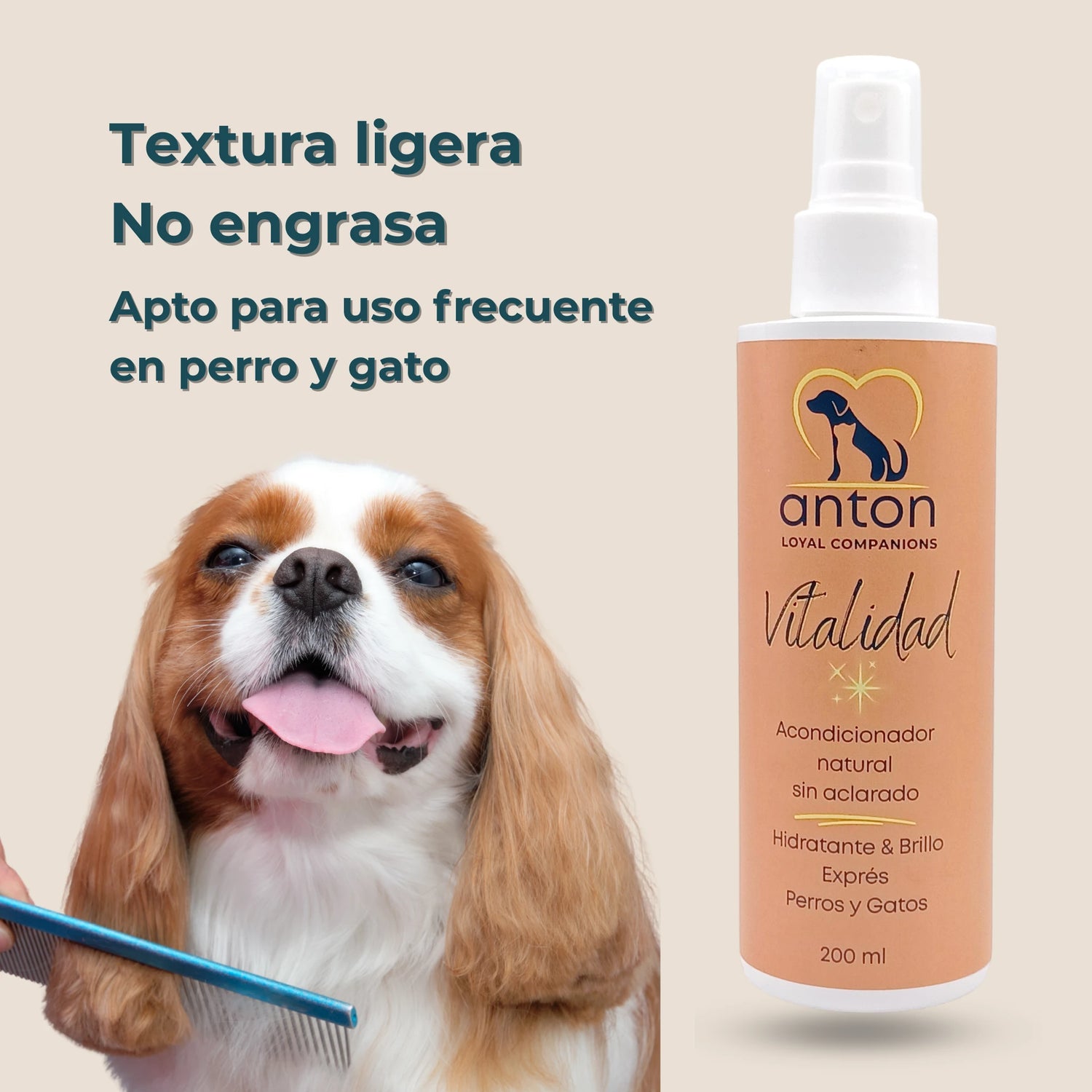 Perro feliz junto al acondicionador ANTON Vitalidad, textura ligera, uso frecuente sin engrasar el pelaje.