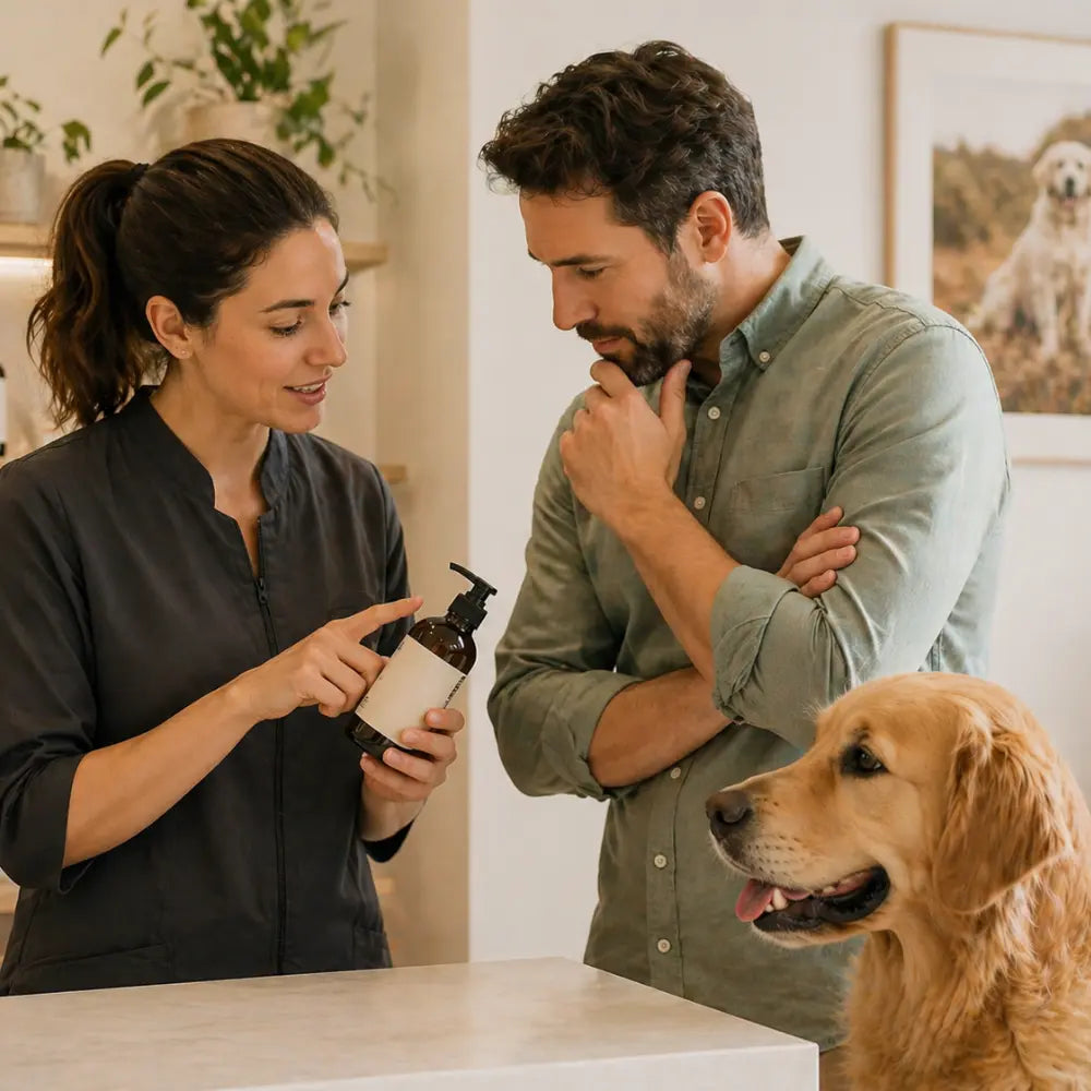 Profesional explicando producto a cliente con perro en entorno cuidado y natural