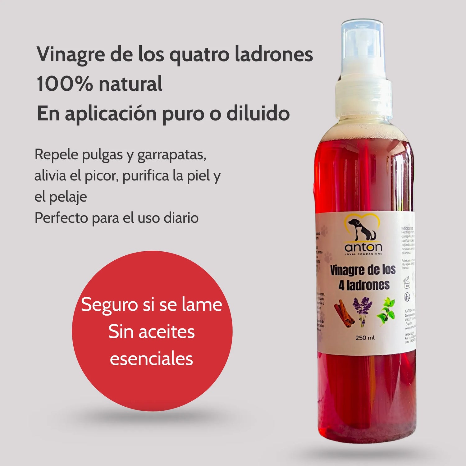 Vinagre natural ANTON de los 4 ladrones, repele pulgas y garrapatas, purifica la piel y el pelaje sin aceites esenciales
