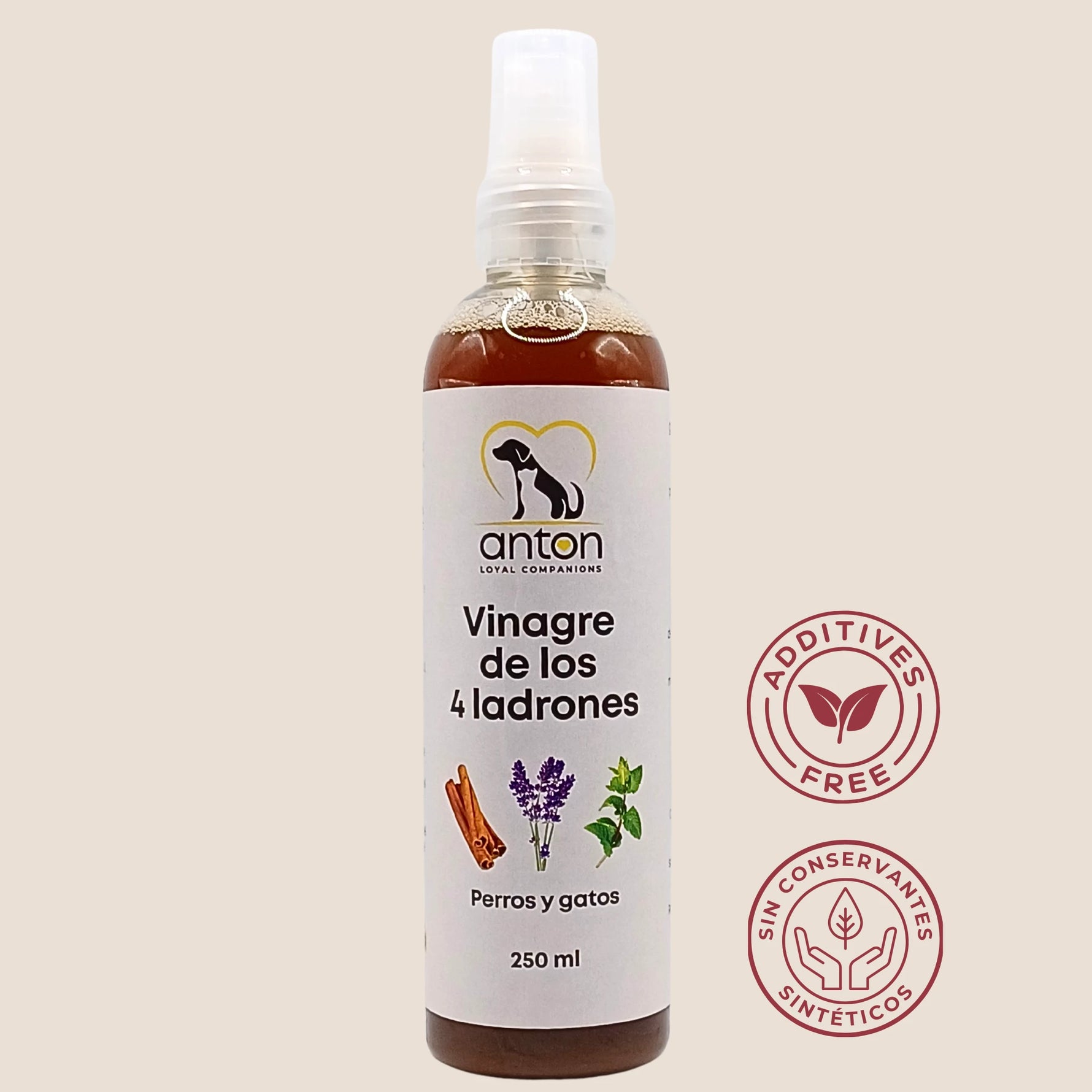 Vinagre de los 4 ladrones Anton Loyal Companions para perros y gatos, fórmula sin aditivos ni conservantes sintéticos, cuidado externo natural, formato 250 ml.