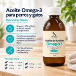 Aceite de anchoa Omega-3 ANTON Loyal Companions de 200 ml para perros y gatos, con información sobre bienestar diario y dosis según el peso