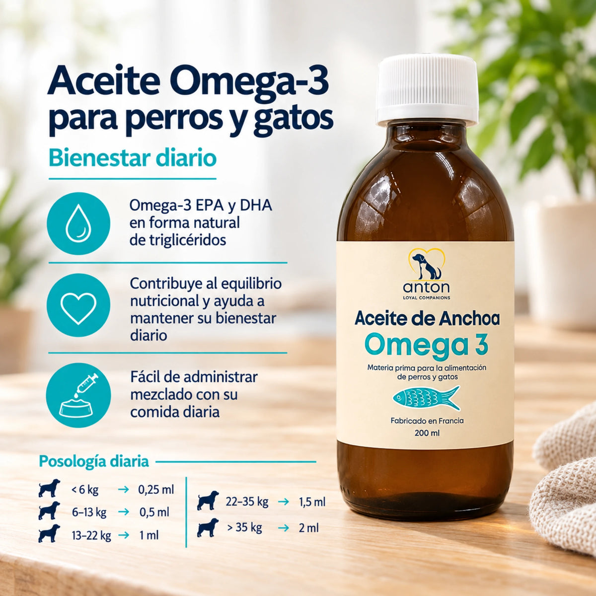 Aceite de anchoa Omega-3 ANTON Loyal Companions de 200 ml para perros y gatos, con información sobre bienestar diario y dosis según el peso