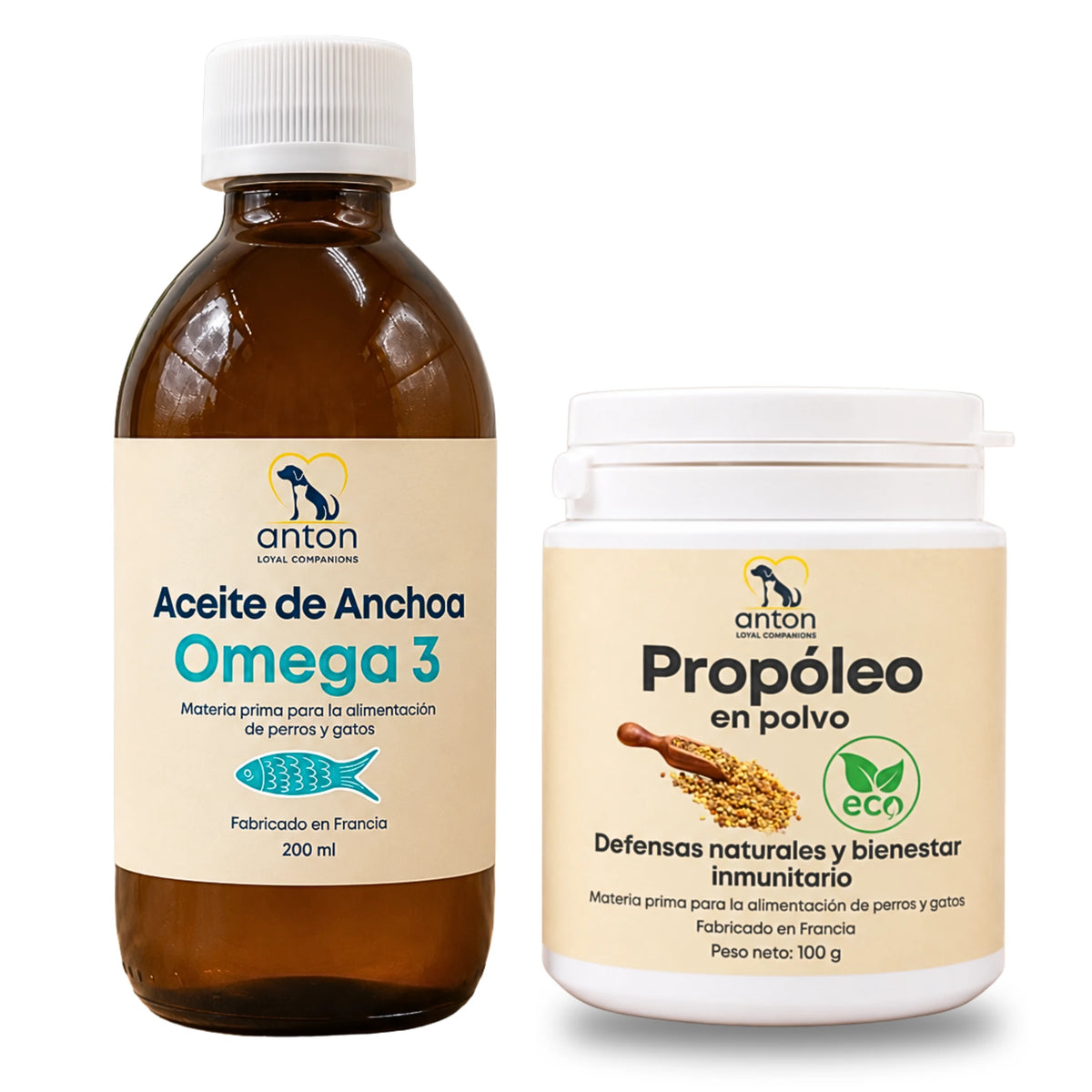 Aceite de anchoa Omega 3 y propóleo en polvo para perros y gatos Anton Loyal Companions.