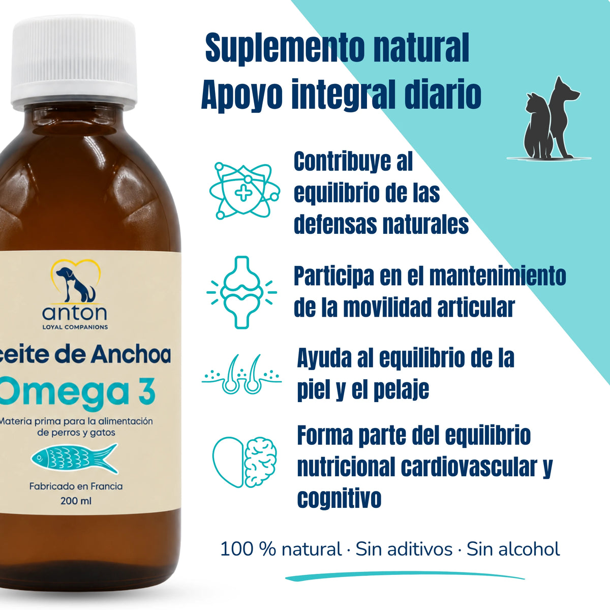 Infografía del aceite de anchoa Omega 3 ANTON para perros y gatos, con sus principales aportes nutricionales para movilidad, piel y pelaje.