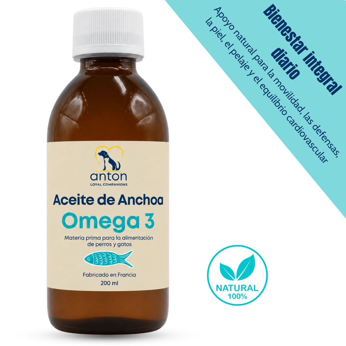Aceite de anchoa Omega 3 ANTON para perros y gatos, apoyo nutricional para movilidad, piel, pelaje y equilibrio cardiovascular.