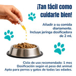 Infografía sobre el modo de uso del aceite de anchoa Omega 3 ANTON para perros y gatos, añadido a la comida con jeringa dosificadora.