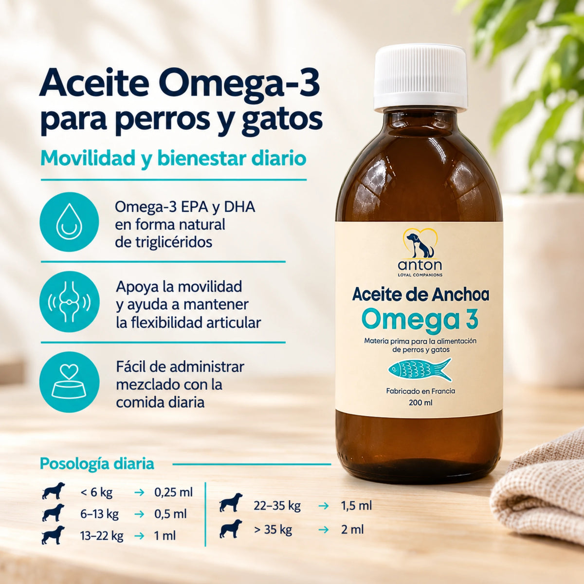 Aceite Omega 3 para perros y gatos Anton Loyal Companions, con EPA y DHA para apoyar la movilidad y el bienestar diario.