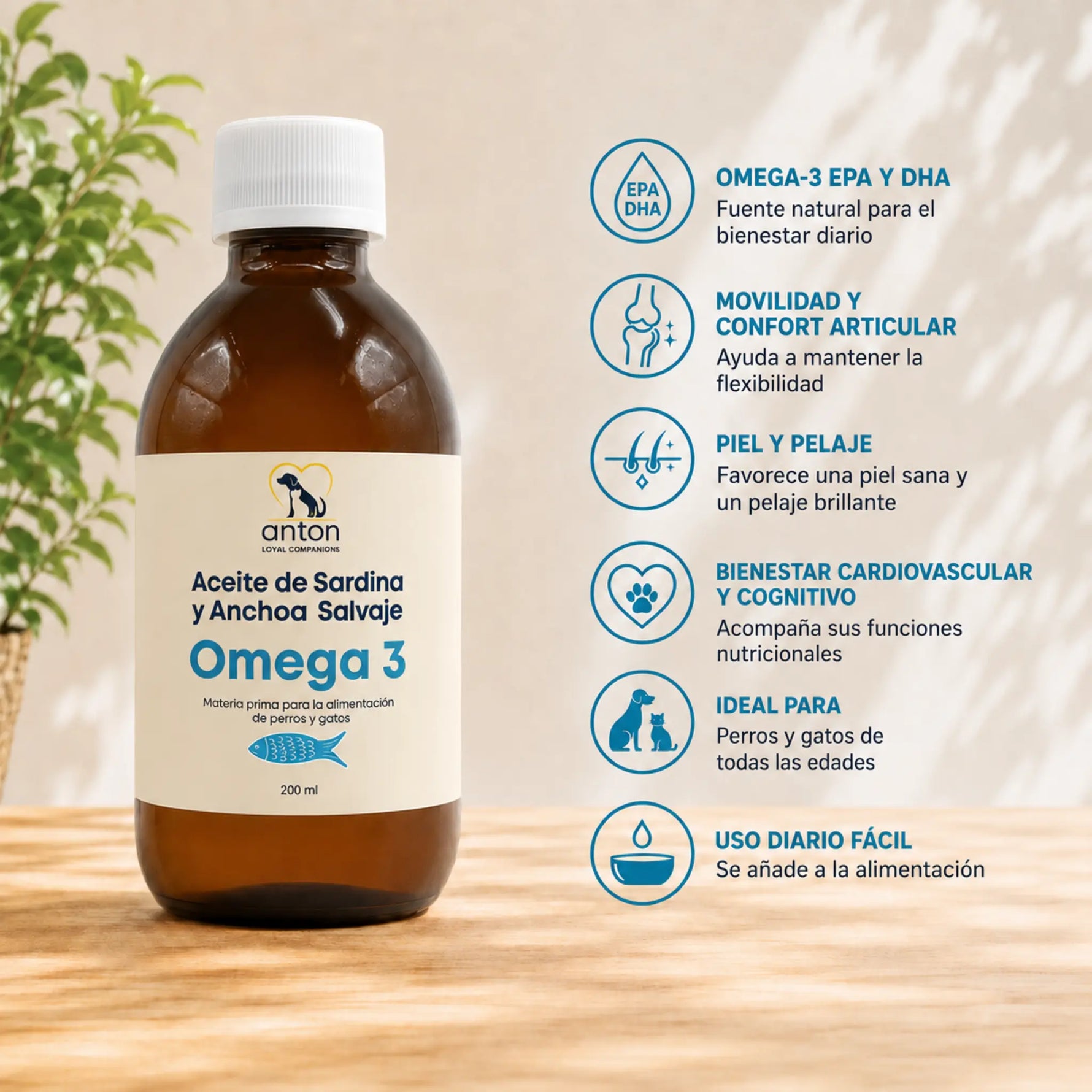 Aceite de sardina y anchoa Omega-3 EPA y DHA para perros y gatos, apoyo nutricional para la piel, el pelaje, la movilidad y el bienestar diario.