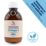 Botella de aceite de sardina y anchoa salvaje omega 3 para perros y gatos con indicaciones nutricionales y beneficios de EPA y DHA