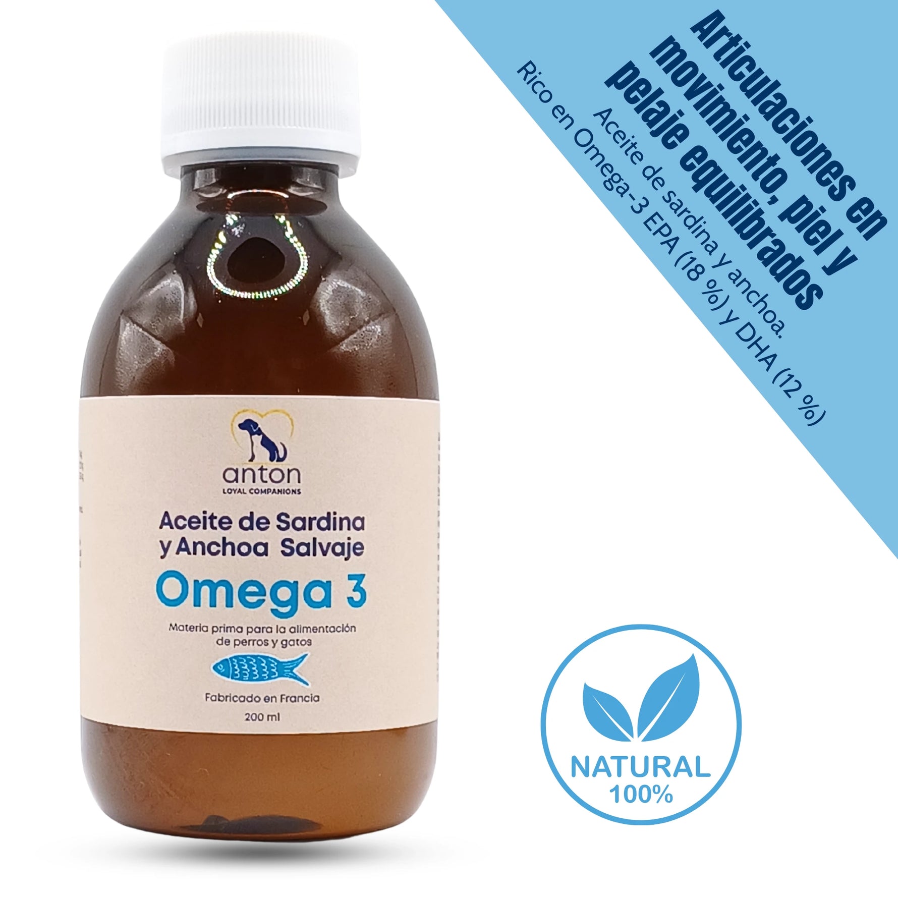 Botella de aceite de sardina y anchoa salvaje omega 3 para perros y gatos con indicaciones nutricionales y beneficios de EPA y DHA