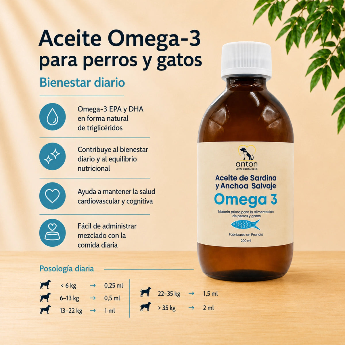 Aceite Omega-3 EPA y DHA para perros y gatos. Complemento alimenticio natural para el bienestar diario, el equilibrio nutricional y el mantenimiento de la salud cardiovascular y cognitiva.