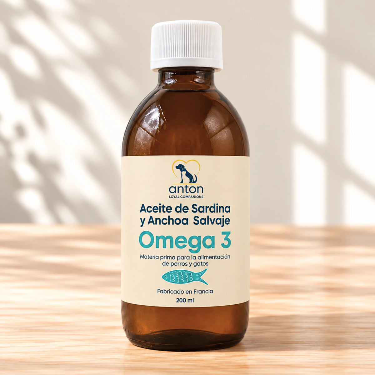 Aceite de sardina y anchoa salvaje Omega 3 ANTON Loyal Companions para perros y gatos. Frasco de 200 ml, fabricado en Francia.