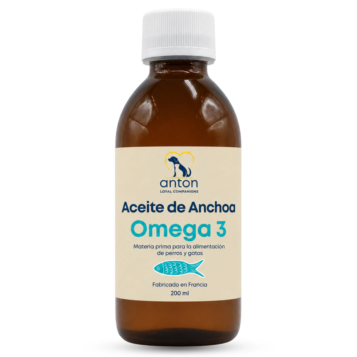 Botella de Aceite de Anchoa Omega 3 ANTON de 200 ml para perros y gatos, elaborado en Francia, fuente natural de ácidos grasos omega-3 EPA y DHA.