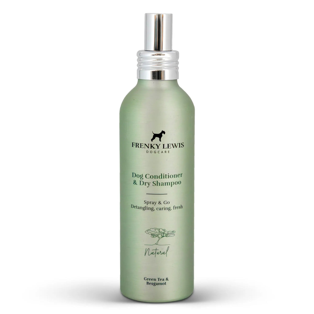 Spray acondicionador y champú en seco Frenky Lewis Green Tea & Bergamot para perros, en envase verde con pulverizador plateado.