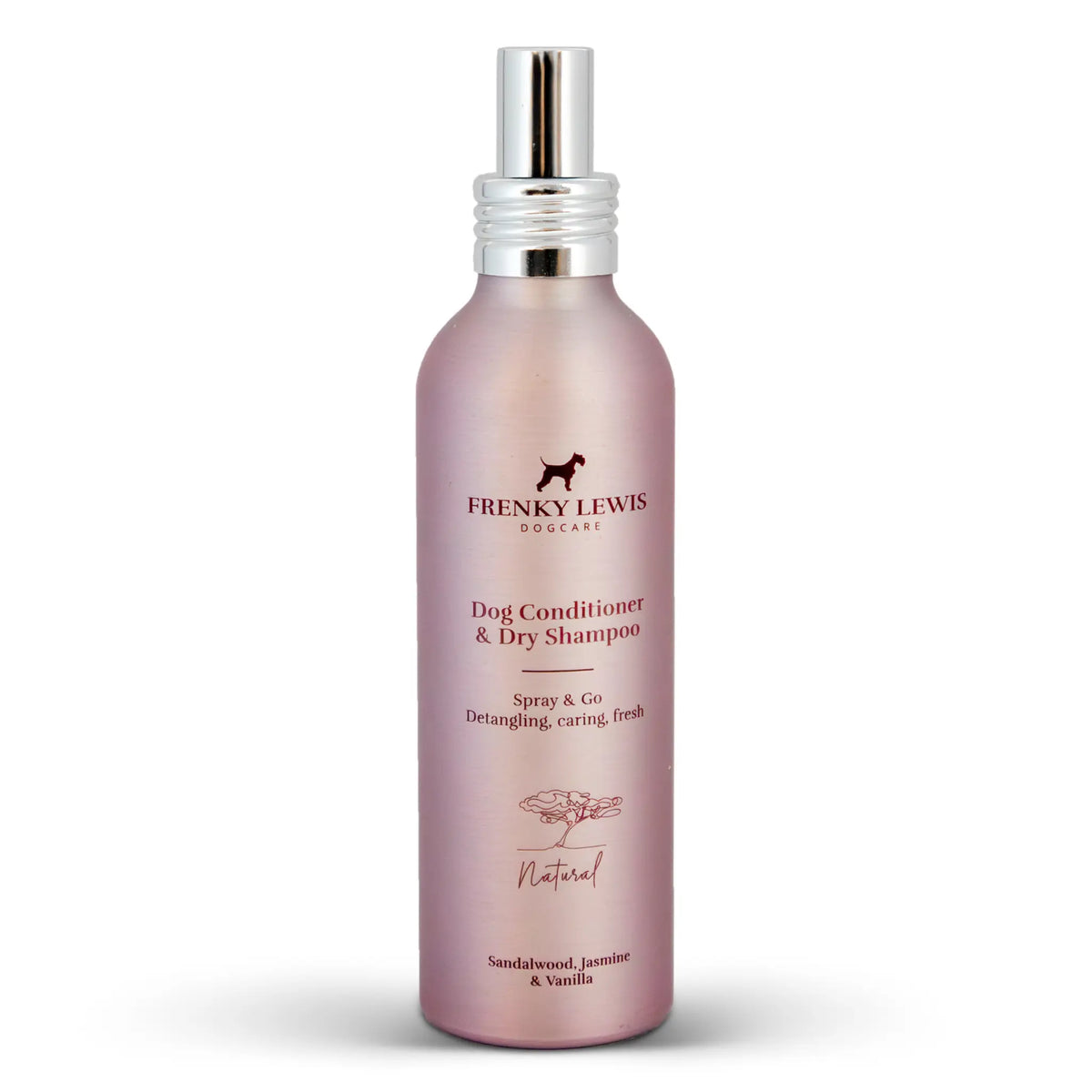 Spray acondicionador y champú en seco Frenky Lewis Sandalwood, Jasmine & Vanilla para perros, en envase rosa con pulverizador plateado.