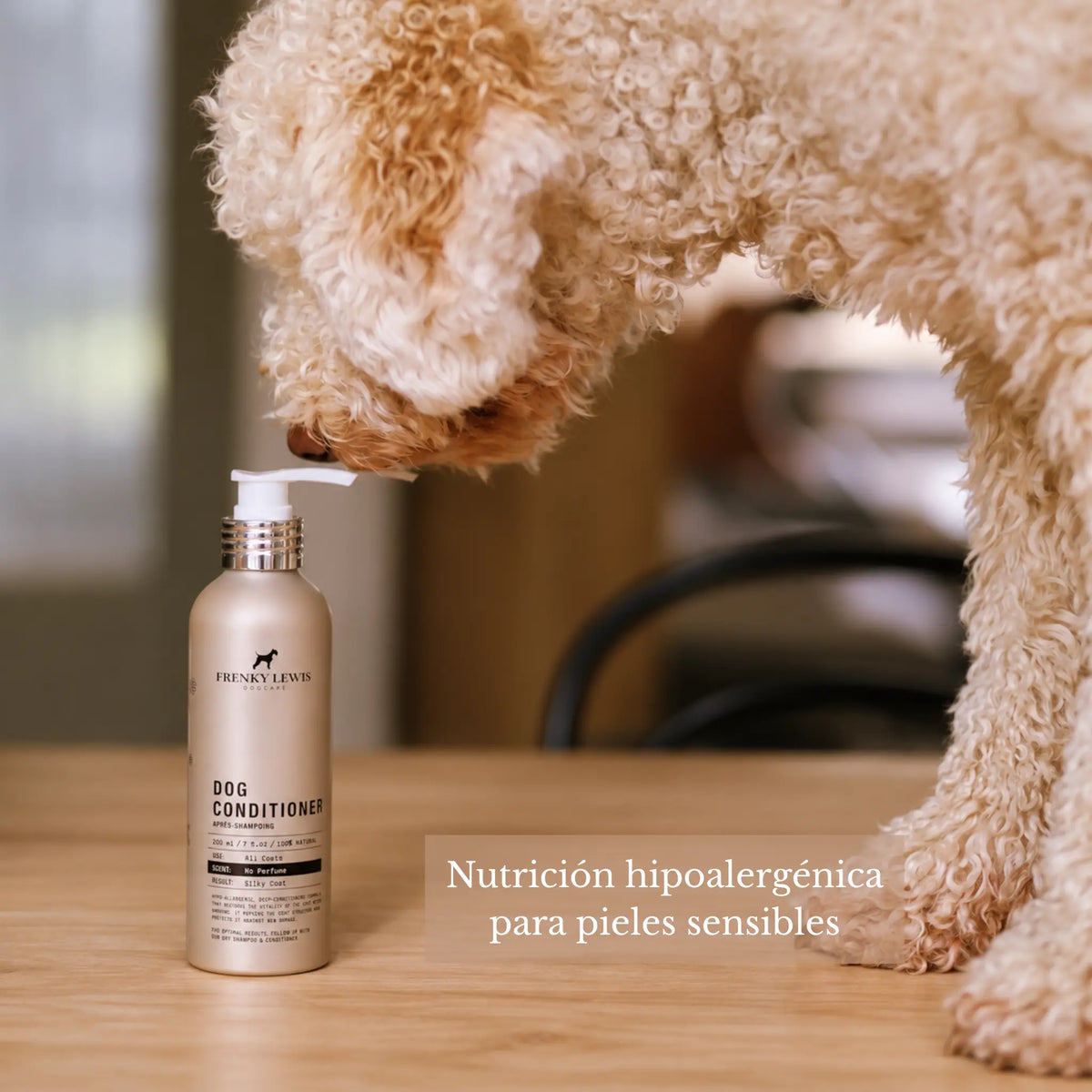Perro de pelaje rizado color crema junto al acondicionador hipoalergénico Frenky Lewis de 200 ml, sin perfume y formulado para cuidar el pelaje y las pieles sensibles.