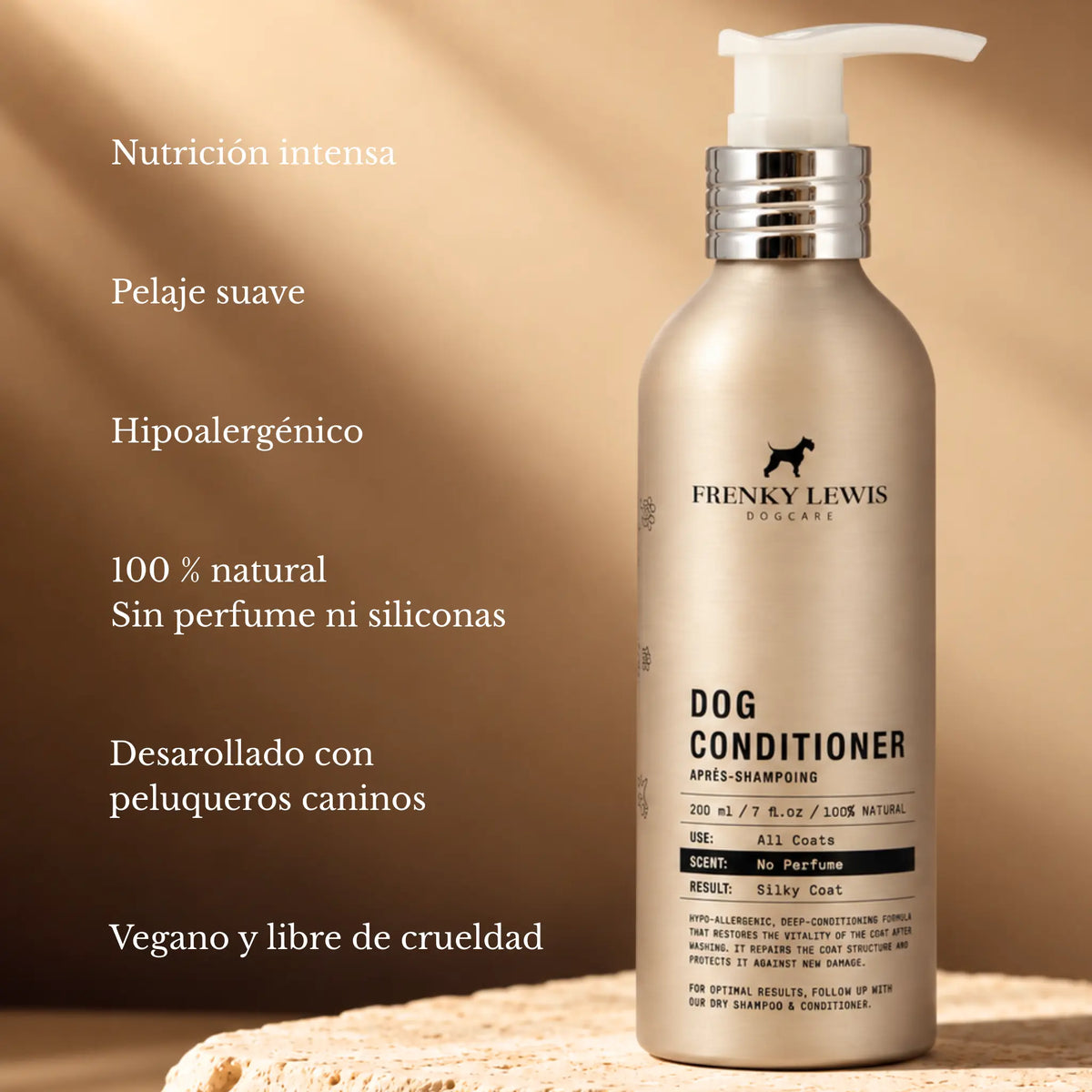 Acondicionador hipoalergénico Frenky Lewis para perros de 200 ml, sin perfume ni siliconas, con fórmula 100 % natural para nutrir y suavizar el pelaje.