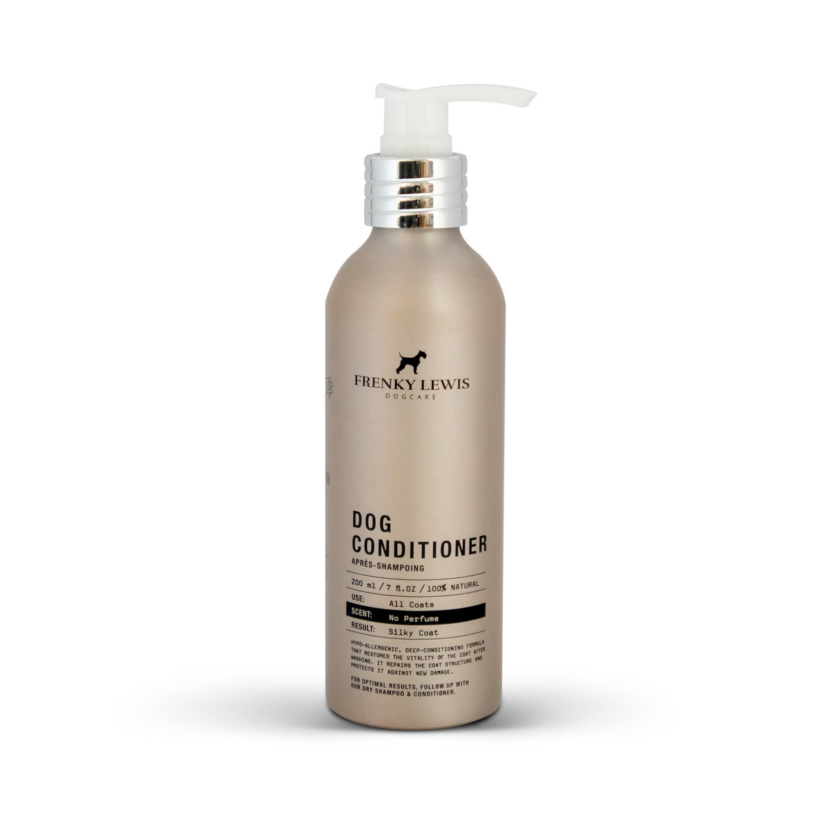Acondicionador hipoalergénico para perros Frenky Lewis No Perfume de 200 ml, en frasco beige con dosificador blanco y detalles plateados.