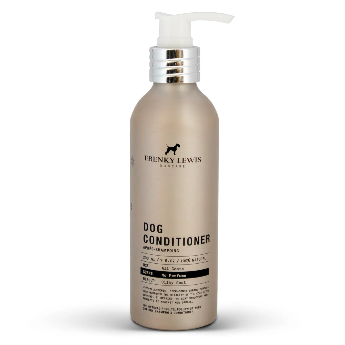 Acondicionador hipoalergénico sin perfume Frenky Lewis para perros, en envase beige de 200 ml con dosificador blanco, sobre fondo blanco.