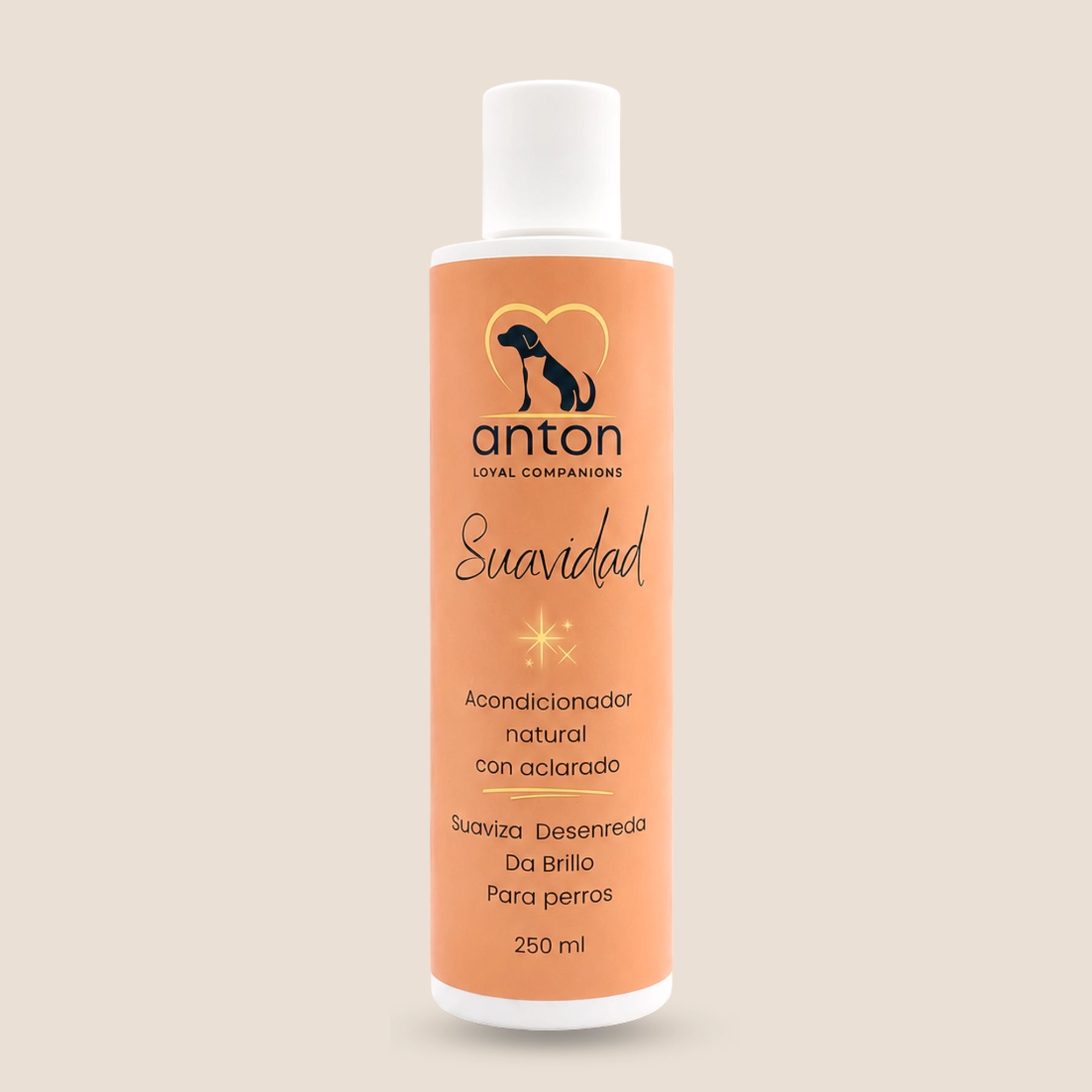 Frasco de acondicionador natural con aclarado Suavidad ANTON Loyal Companions para perros, 250 ml. Fórmula de origen natural que suaviza, desenreda y aporta brillo al pelaje.