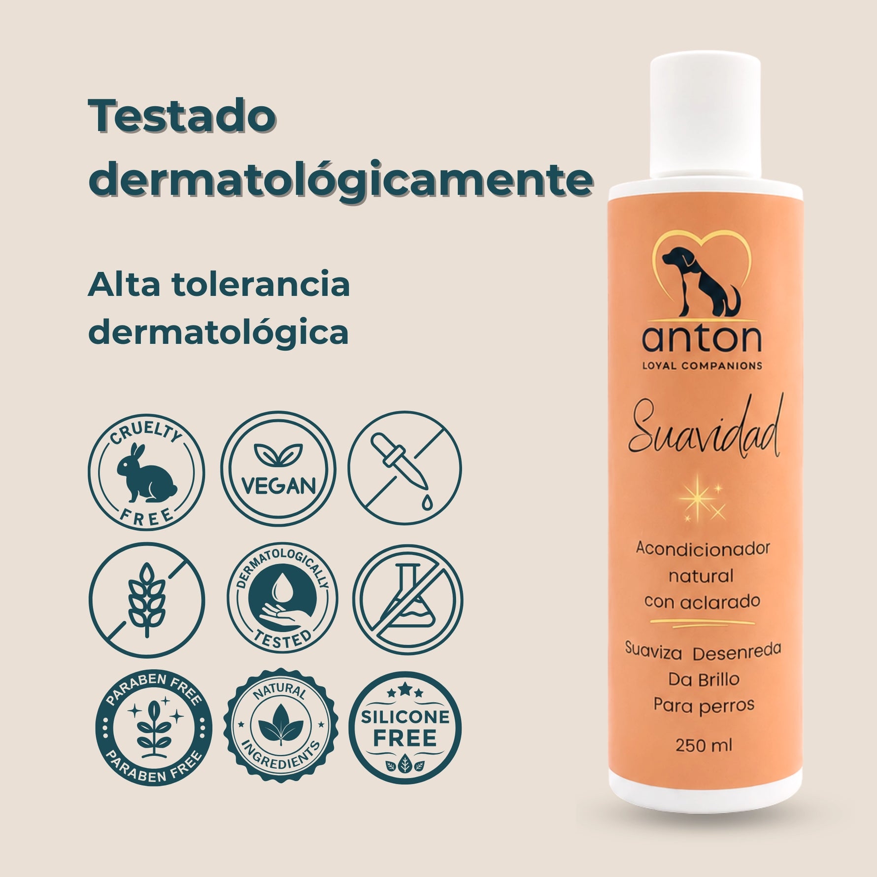 Acondicionador natural con aclarado Suavidad ANTON Loyal Companions para perros, 250 ml. Alta tolerancia dermatológica, testado dermatológicamente, vegano, cruelty free, sin siliconas, sin parabenos y sin alcohol.
