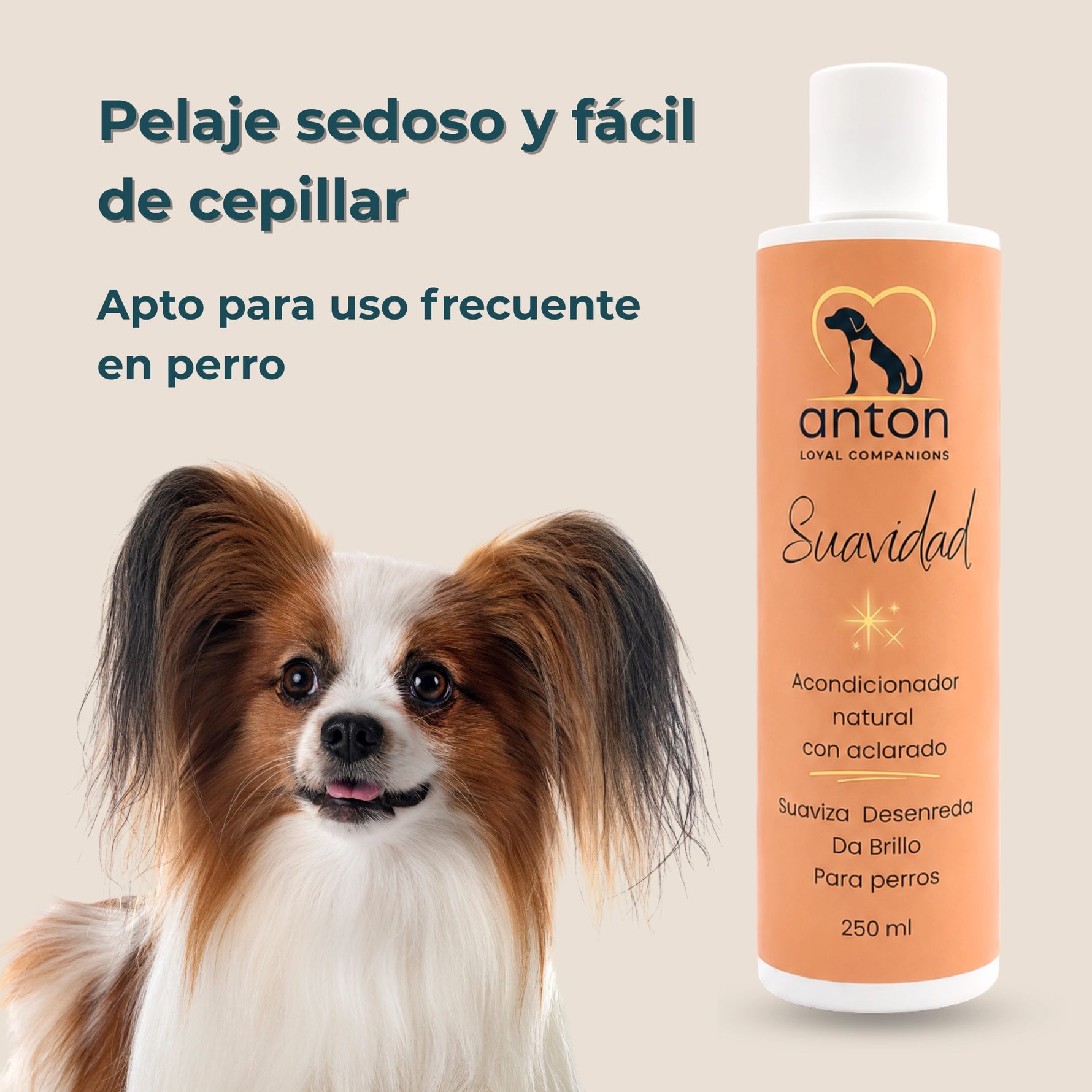 Acondicionador natural con aclarado Suavidad ANTON Loyal Companions para perros, 250 ml. Facilita el cepillado, deja el pelaje suave y brillante y es apto para uso frecuente, ilustrado junto a un perro de pelo largo.