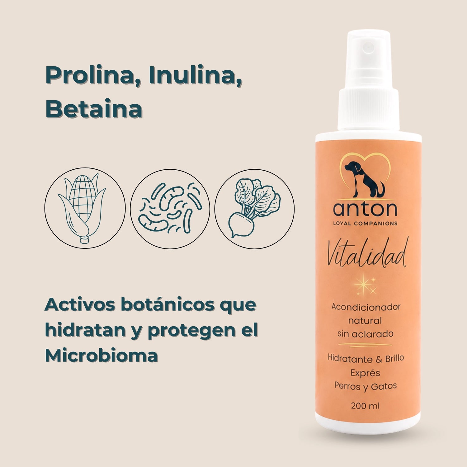 Acondicionador natural sin aclarado Vitalidad ANTON Loyal Companions para perros y gatos con prolina, inulina y betaína. Activos botánicos que hidratan, protegen la piel y ayudan a mantener el equilibrio del microbioma