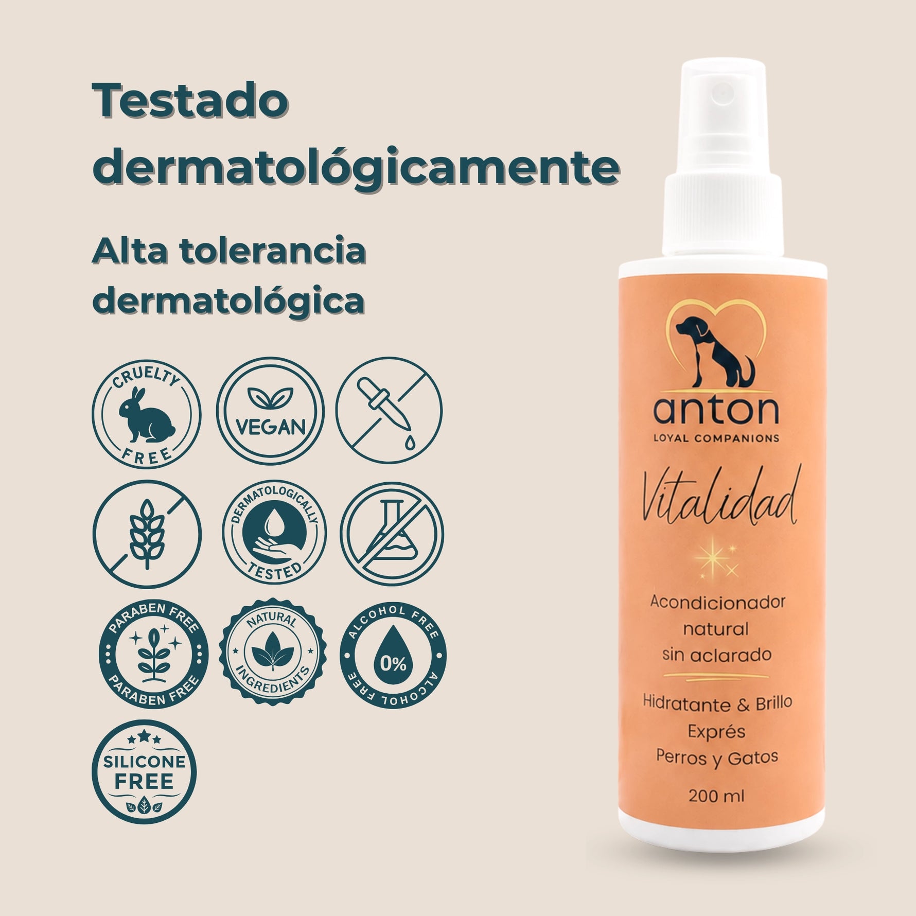 Acondicionador natural sin aclarado Vitalidad ANTON Loyal Companions para perros y gatos. Alta tolerancia dermatológica, testado dermatológicamente, vegano, cruelty free, sin siliconas, sin parabenos y sin alcohol.