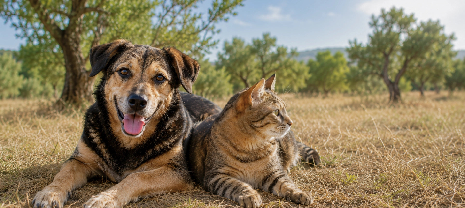 Perro y gato descansando juntos en un entorno natural durante el verano, representando el bienestar natural y el cuidado diario de perros y gatos con ANTON LC.