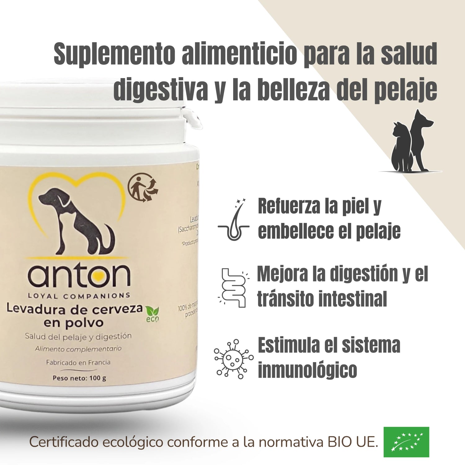 Beneficios del suplemento ANTON Levadura de cerveza: piel sana, pelaje brillante, digestión equilibrada e inmunidad reforzada