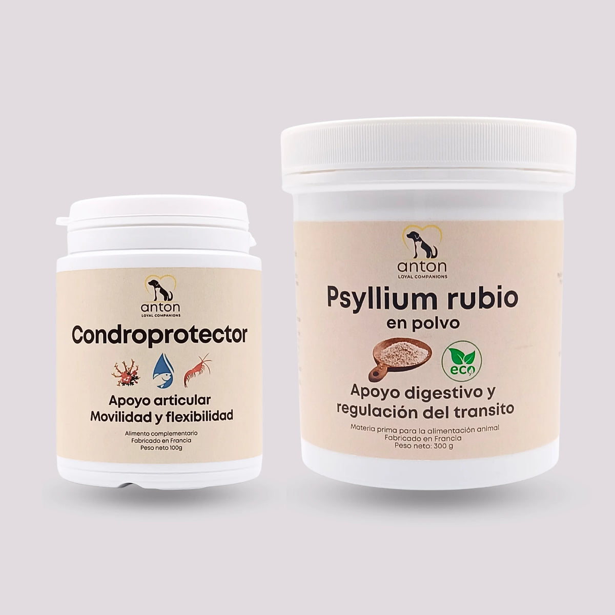 Cuidado completo de articulaciones y digestión para perros y gatos ANTON Loyal Companions con condroprotector natural para el confort articular y psyllium rubio en polvo ECO para el apoyo digestivo y la regulación del tránsito, fabricado en Francia.