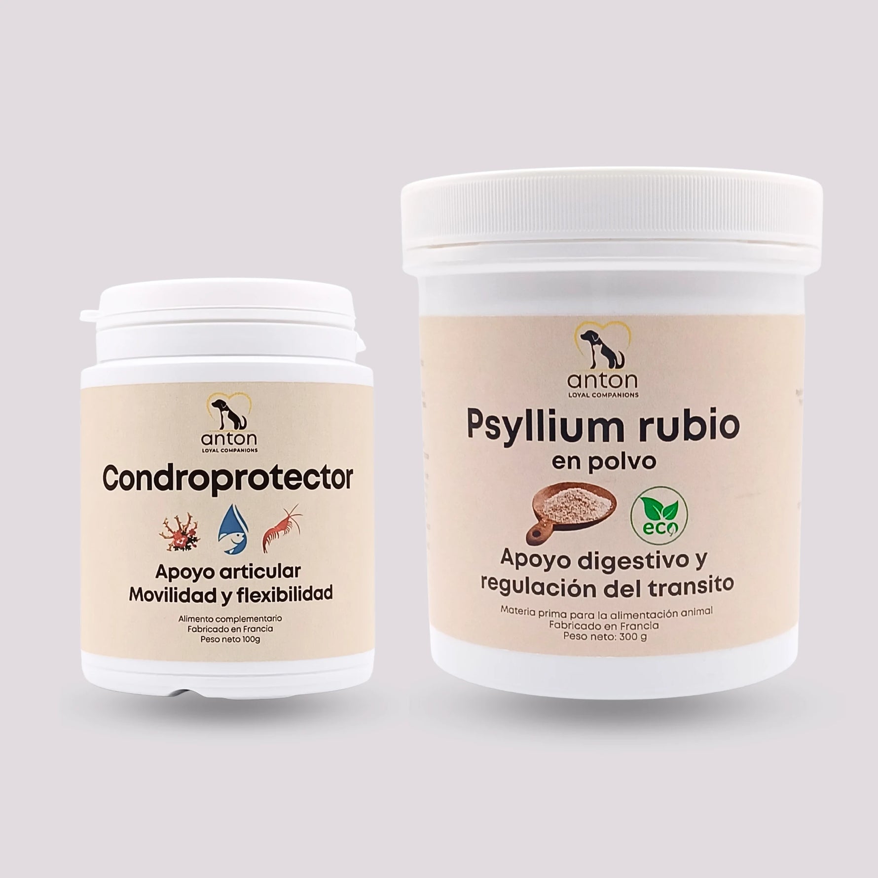 Cuidado completo de articulaciones y digestión para perros y gatos ANTON Loyal Companions con condroprotector natural para el confort articular y psyllium rubio en polvo ECO para el apoyo digestivo y la regulación del tránsito, fabricado en Francia.