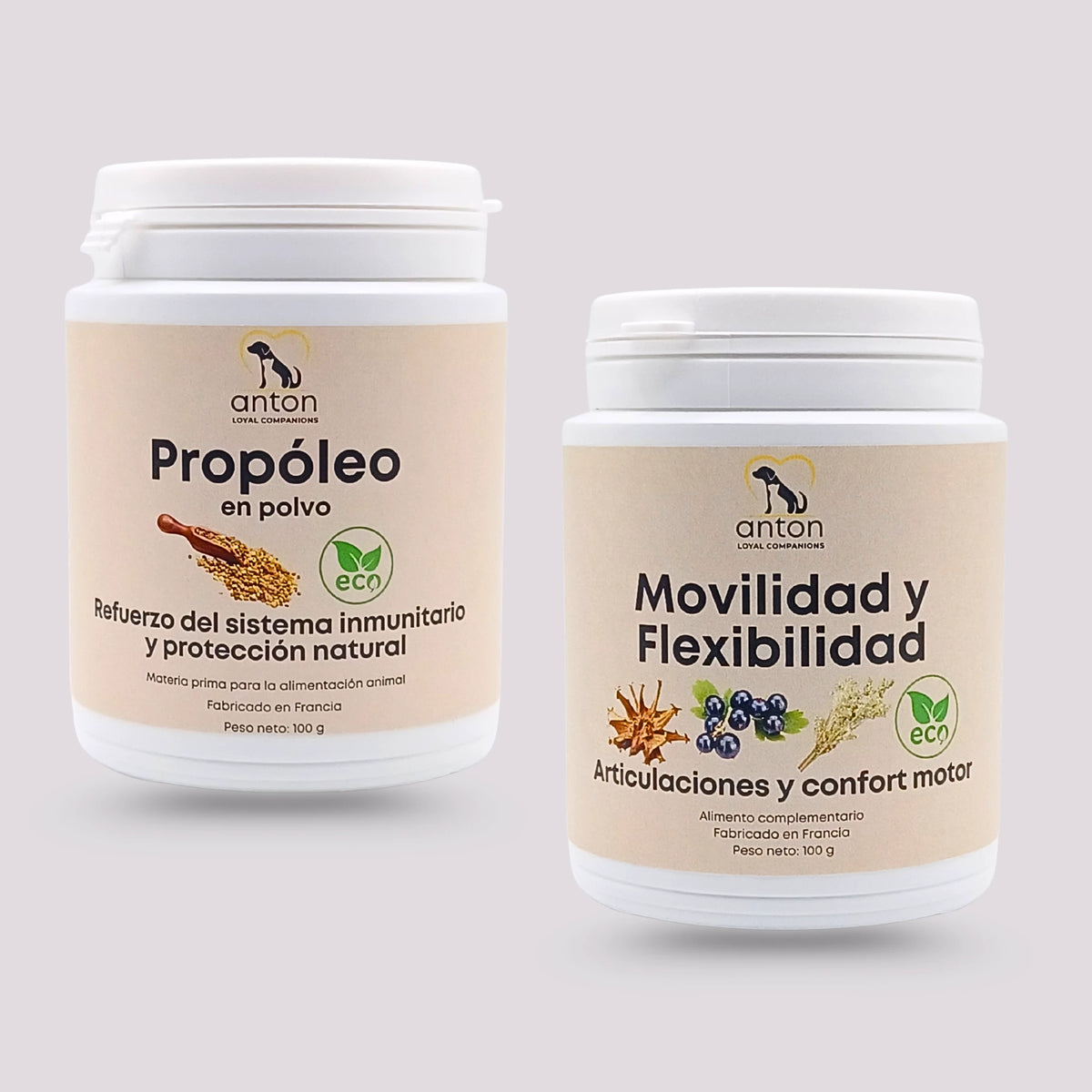 Cuidado completo de articulaciones y energía para perros y gatos ANTON Loyal Companions con propóleo en polvo ECO para el refuerzo del sistema inmunitario y fórmula Movilidad y Flexibilidad ECO para el confort articular y la movilidad diaria, fabricado en Francia.
